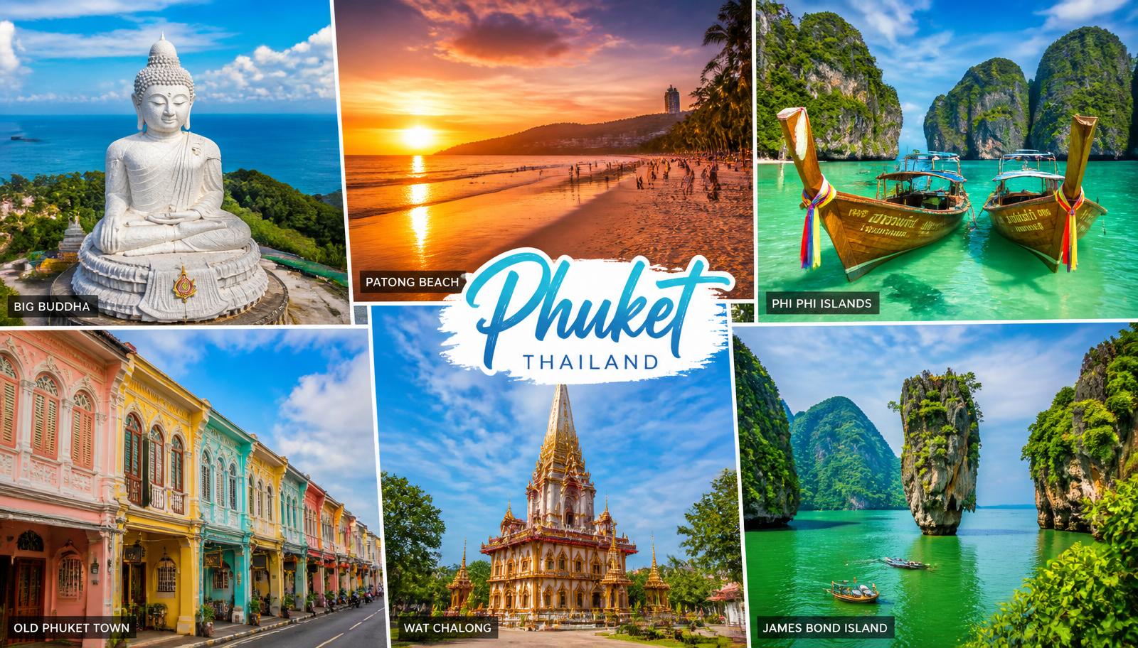 Collage of iconic Phuket landmarks: Big Buddha, Patong Beach, Phi Phi Islands, Old Phuket Town, Wat Chalong, and James Bond Island