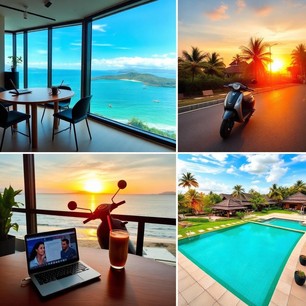 Digital nomad working with laptop and iced coffee overlooking Phuket beach