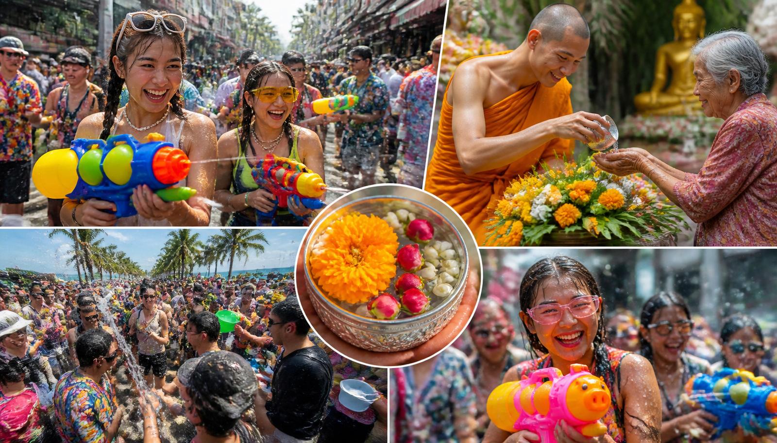 Songkran in Phuket collage — smiling crowd with water guns on Patong Bangla Road, a monk pouring blessing water on an elder, marigold bowl and joyful faces.