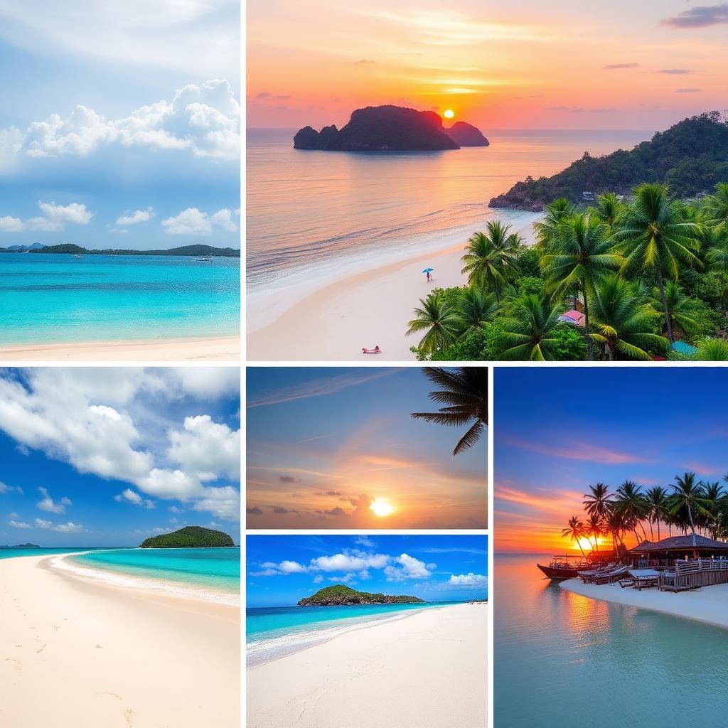Aerial view of a turquoise Phuket beach with white sand and longtail boats