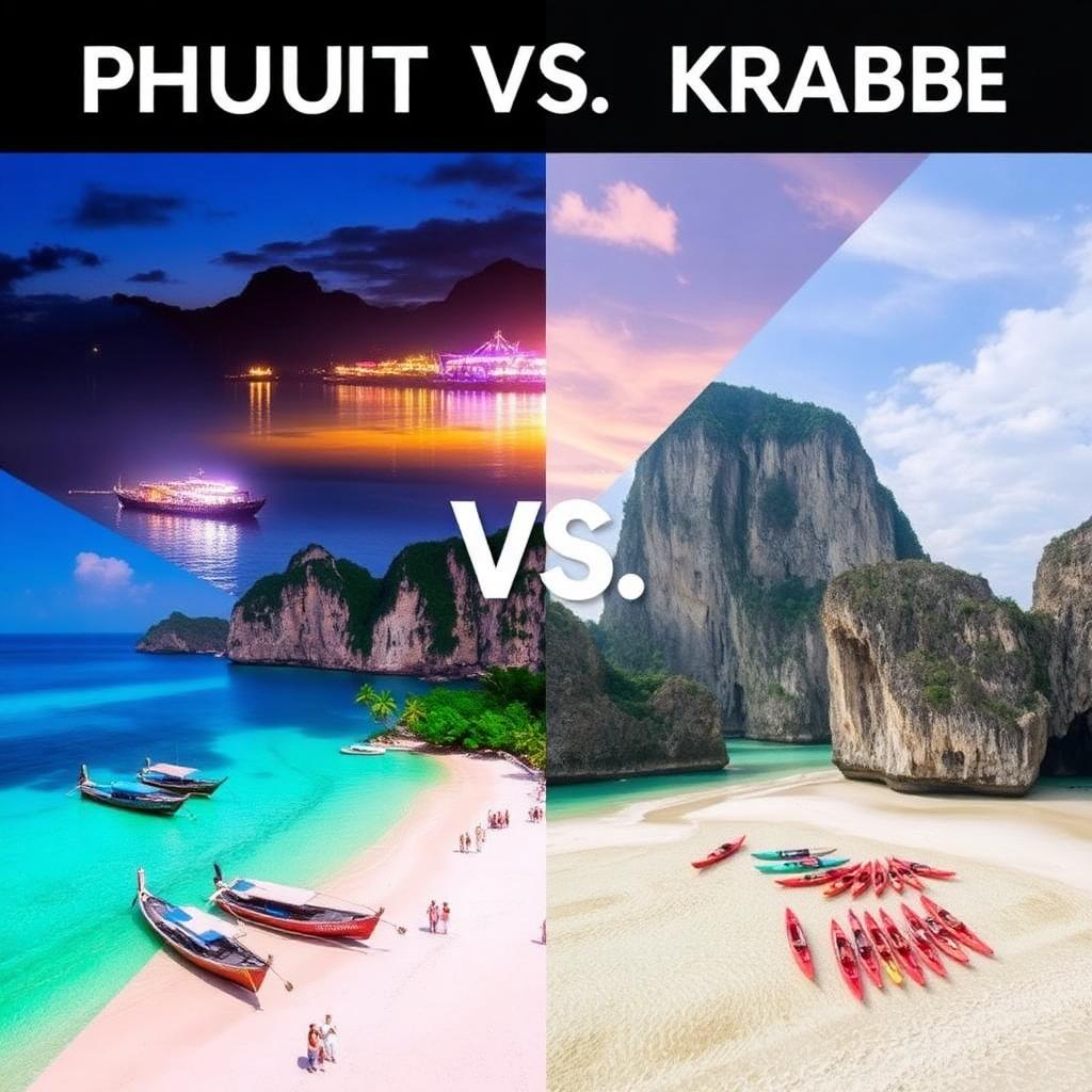 Split comparison of Phuket beaches and nightlife versus Krabi limestone cliffs