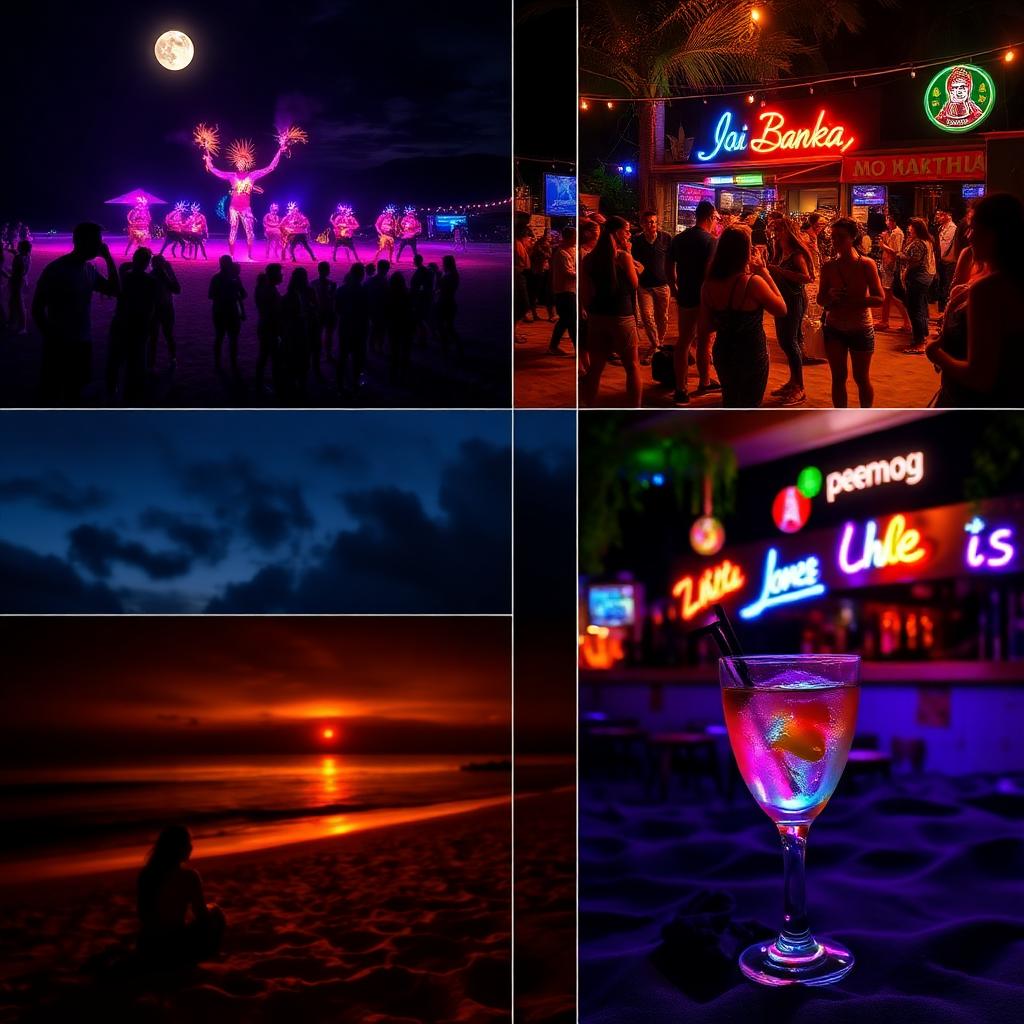 Full Moon Party on Koh Phangan beach with neon lights and Phuket nightlife scenes