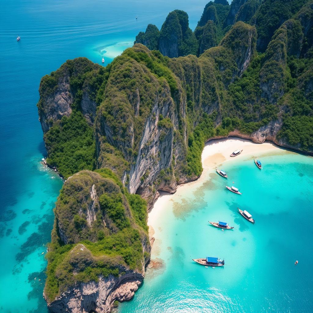 Aerial view of Maya Bay Phi Phi Islands turquoise water