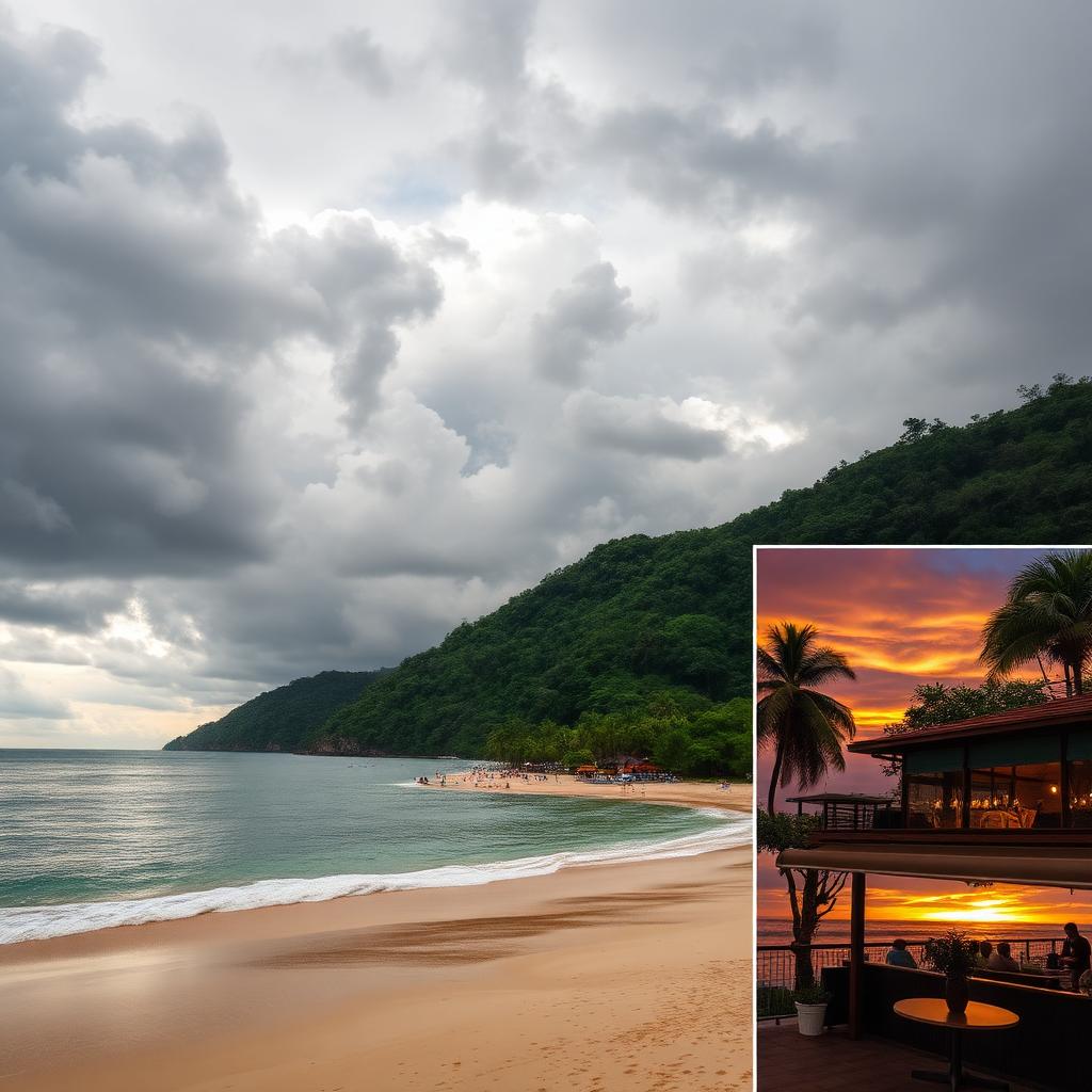 Phuket beach in November with dramatic monsoon clouds clearing to sunset