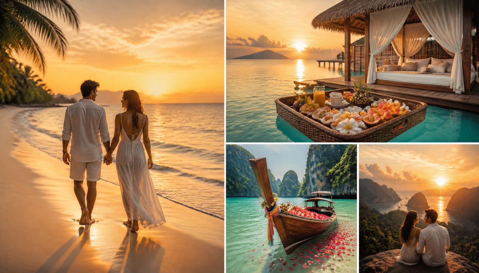 Romantic Phuket honeymoon collage — couple on a sunset beach, floating breakfast at an overwater cabana, longtail boat with rose petals, and Phang Nga sunset.