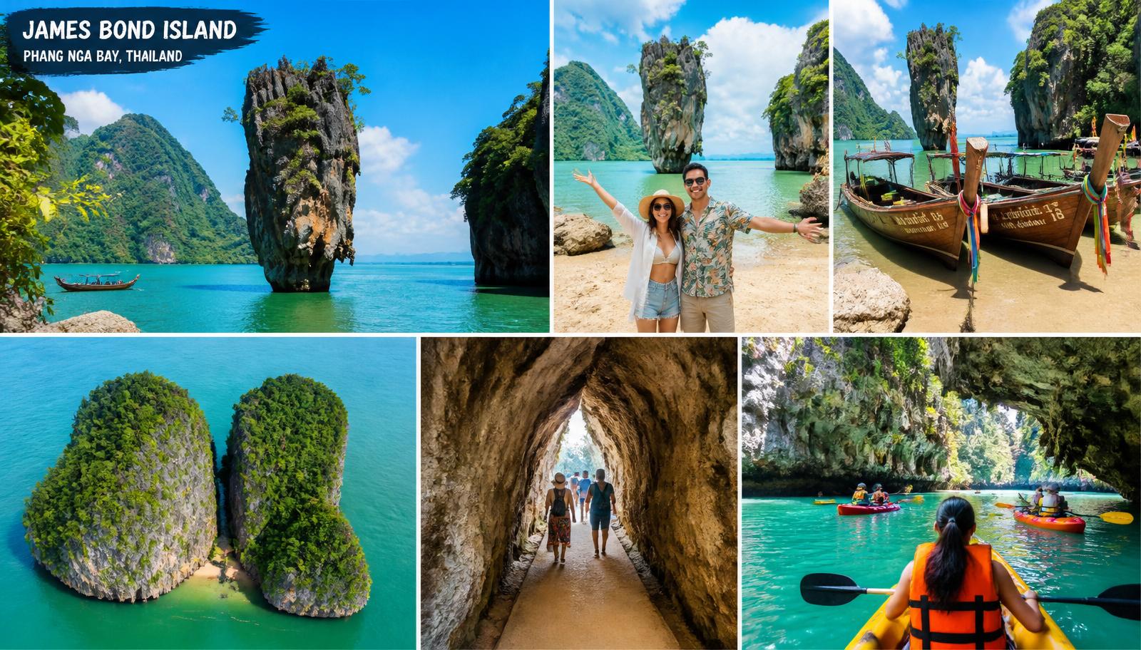 Collage of James Bond Island experiences: Ko Tapu limestone rock, beach visit, longtail boats, aerial view of Khao Phing Kan, walking through the island cave, and sea kayaking through Panak Island hongs