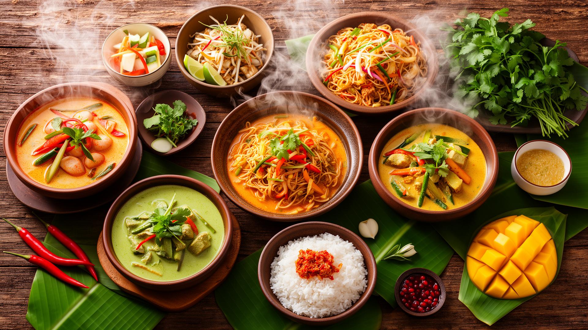 Thai feast with curries, noodles, mango sticky rice and fresh herbs