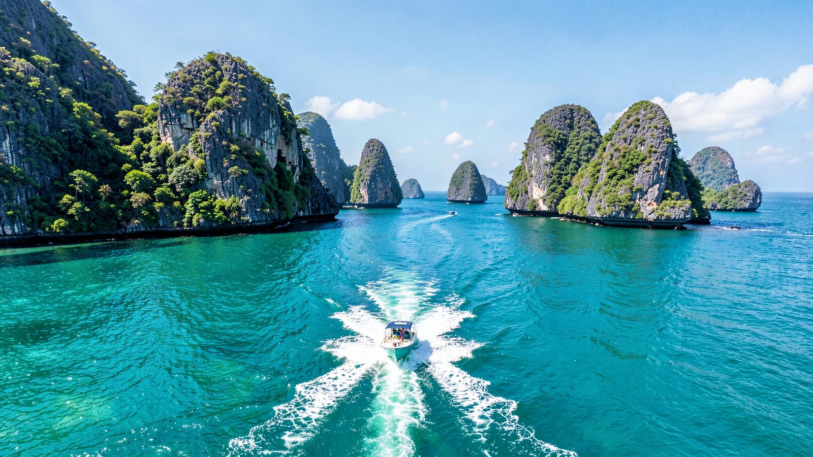 Speedboat crossing turquoise water between limestone islands on a day trip from Phuket, Thailand