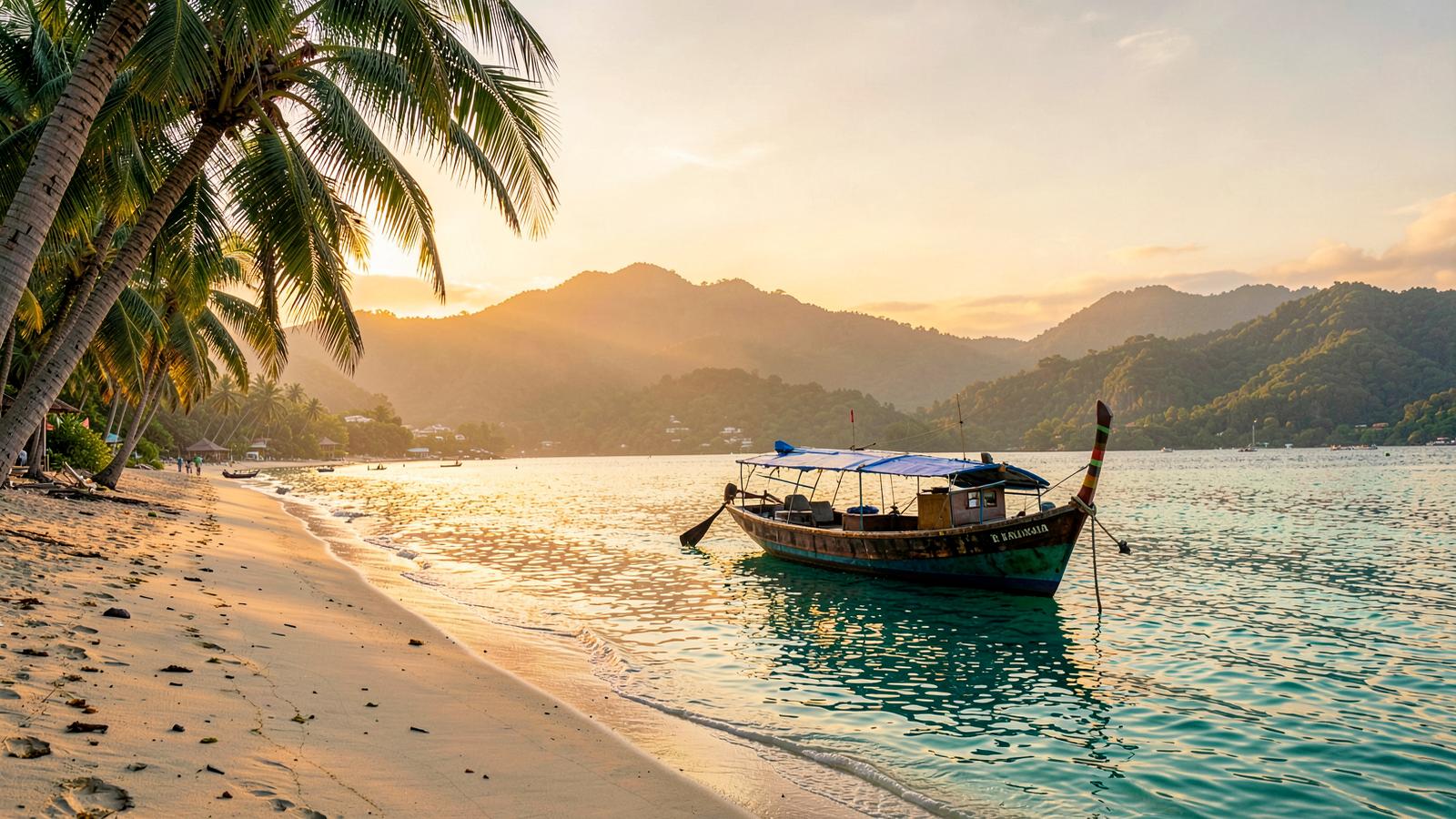 Longtail boat moored at a Phuket beach at golden sunset with palm trees and green hills