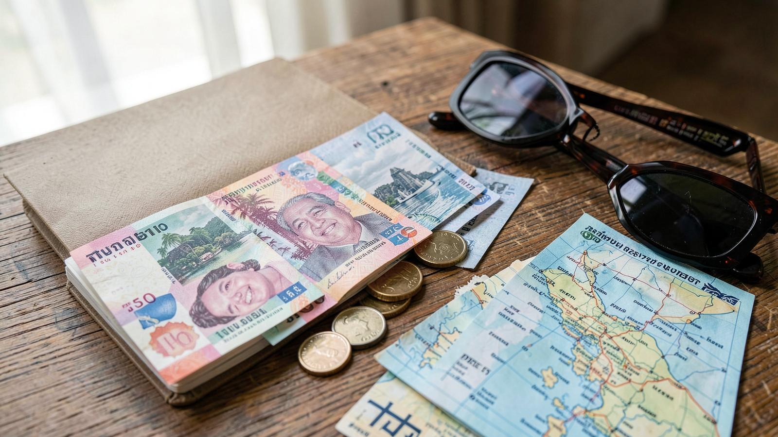 Thai baht banknotes, coins, a Phuket map and sunglasses on a wooden table for travel budgeting